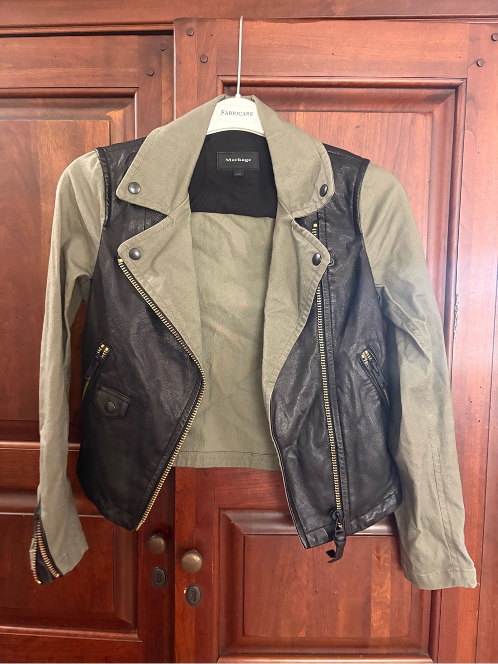 Mackage Olive Green and Black Leather-Front Moto Jacket